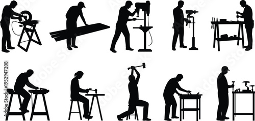 Woodworker and carpenter silhouettes using saw, drill press and hand tools at workbench, woodworking process and manual labor vector illustration isolated on white background