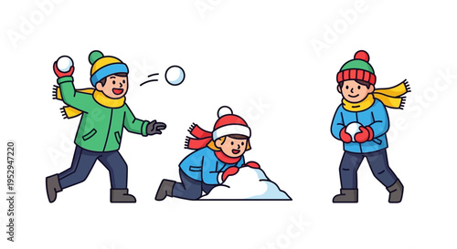 Three happy children playing in the snow, dressed in colorful winter clothes, enjoying a fun snowball fight outdoors.