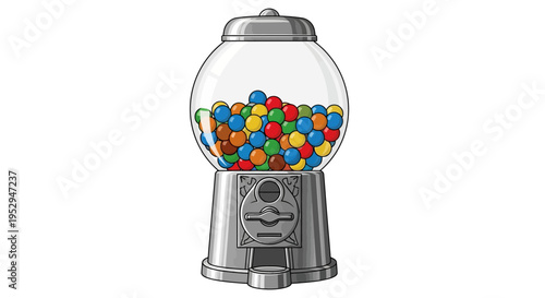 Classic silver gumball machine filled with colorful candies on a white background, ready for a sweet treat.