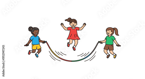 Three diverse young girls happily playing double dutch jump rope together with a colorful rope.