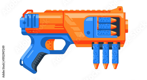 Vibrant orange and blue toy blaster with foam darts loaded, ready for playful action and fun.