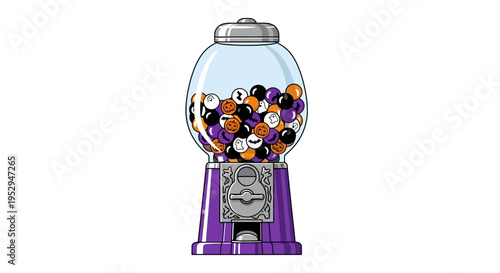 A classic gumball machine filled with black, orange, and purple candies, featuring a vibrant purple base.