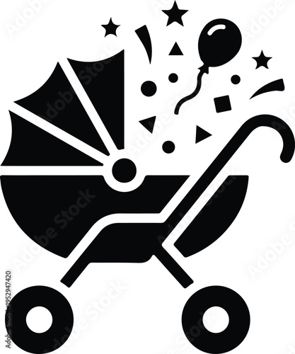 Black baby stroller icon with festive elements,
Minimal black silhouette of baby stroller with stars, balloon and confetti, symbolizing childcare, newborn celebration, and playful nursery design conce