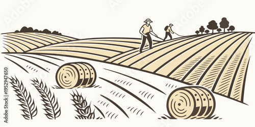 Farmers working in a harvested field hay bales rural landscape agriculture