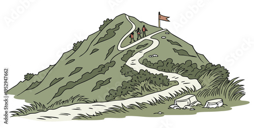 Group of people hiking up a mountain with a flag nature