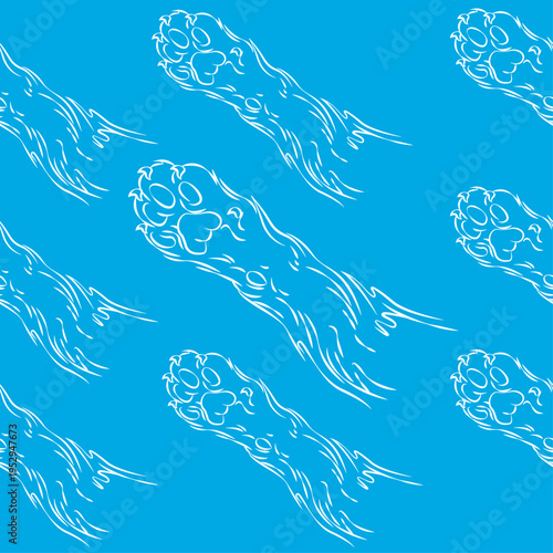 Contour drawing of a cat's paw. Seamless background with linear drawings of pet paws. Cat's paws drawn with white lines, contour drawing. Endless background