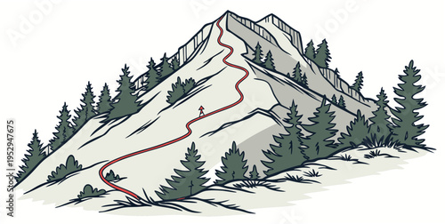 Hiker on a winding trail up a mountain with trees hiking nature