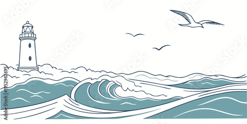 Lighthouse on coastline with ocean waves and seagulls nautical