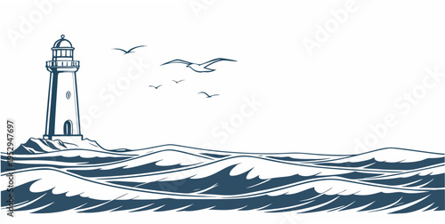 Lighthouse on rocky coastline with seagulls flying overhead ocean waves nautical