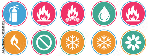 Fire safety and weather icon set, clean vector icons featuring flame, fire extinguisher, snowflake, water drop, and prohibition symbols for hazard warnings, safety alerts, climate protection, and 
