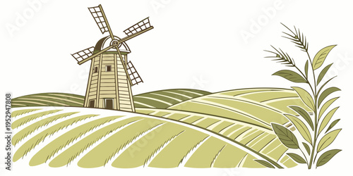 Yellow windmill in a field of crops farm countryside rural landscape