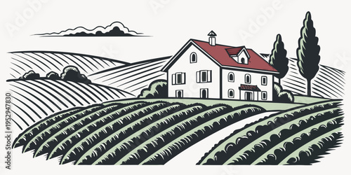 Black and green of a house on a hillside with vineyards rural