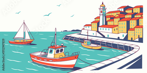 Boats docked in a harbor with a lighthouse and buildings