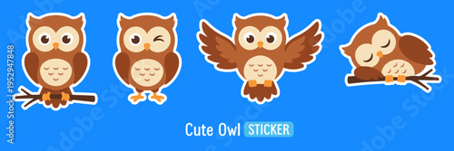 Cartoon owl sticker set, cute forest bird poses collection. Funny woodland animal character flying, winking, sleeping and sitting on a tree branch. Vector flat illustration