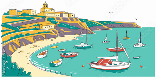 Boats in a bay with a beach and buildings on a cliff