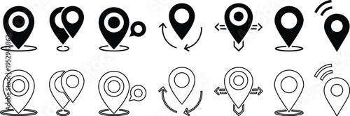 Location pin and map marker icon set with navigation, GPS, tracking, direction and positioning symbols in solid and outline vector styles