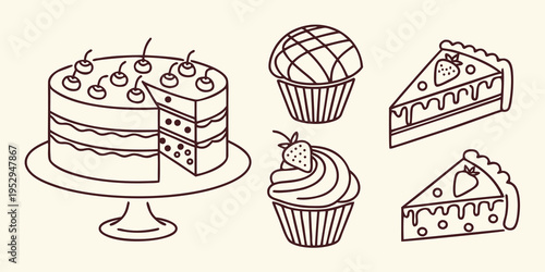 Brown line of desserts and pastries cakes cupcakes tart