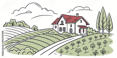 Colorful of a house on a hillside with a road and vineyards