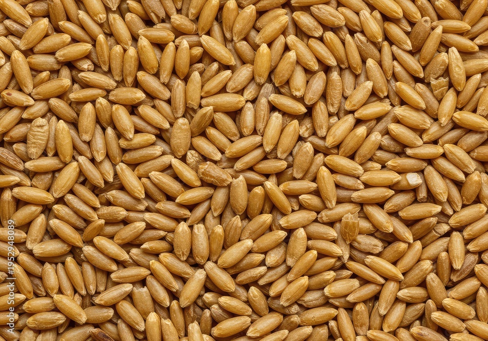 Fototapeta premium A close-up view of dried golden cereal grains forming a dense, natural texture, ideal for organic food packaging design or healthy eating themes, vegetarian, rye, corn