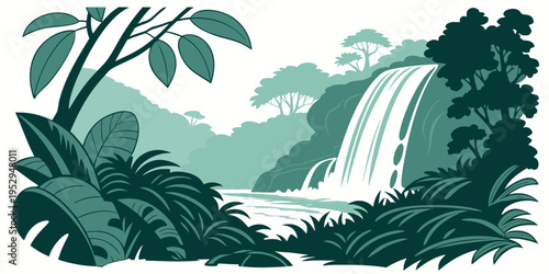 Lush tropical jungle waterfall with dense foliage and trees