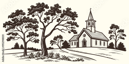 Monochromatic of a church with trees and a hill landscape architecture