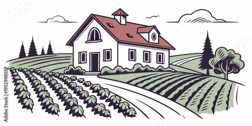 Of house in farm field with crops countryside