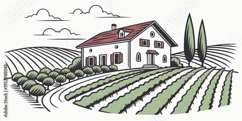 Of house in vineyard with rolling hills countryside farm