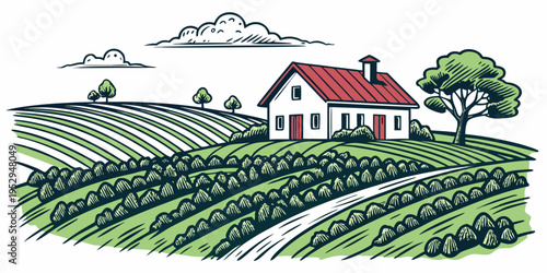 Of house in farm field with red roof countryside