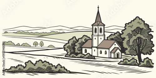 Rural church surrounded by trees and rolling hills countryside