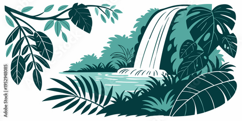 Teal jungle waterfall flowing into pool surrounded by large leaves