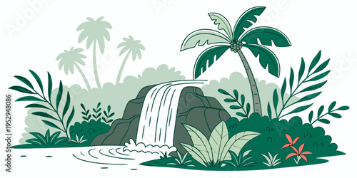 Tropical island waterfall with palm trees and exotic plants
