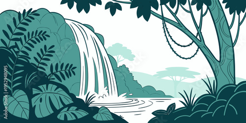 Tropical jungle waterfall with lush greenery and palm trees