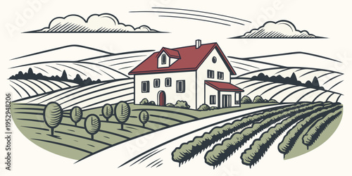 White house with red roof in a rural landscape