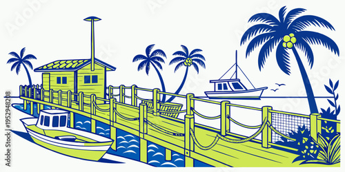 Boat docked at a tropical pier with palm trees fishing nets seagulls