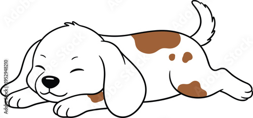 Cute sleeping puppy cartoon illustration, adorable dog lying down with spots, pet character vector for children design, nursery and branding use
