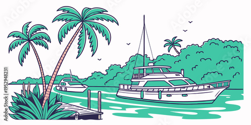 Boats docked at a tropical pier with palm trees