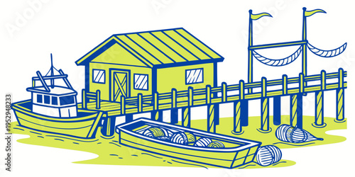 Boats docked at a tropical pier with a fishing net tropical house