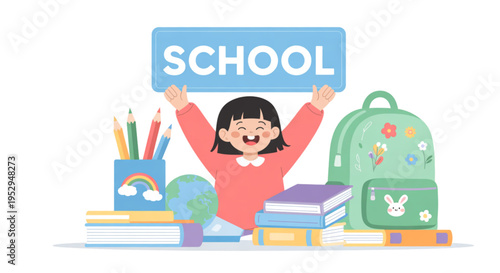 A cheerful little girl holding a school sign surrounded by books and stationery on transparent background