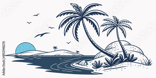 Dark Blue Tropical Island with Palm Trees and Sunset beach