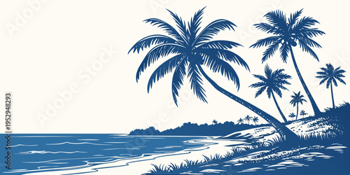 Dark blue beach scene with palm trees and ocean waves shoreline tropical