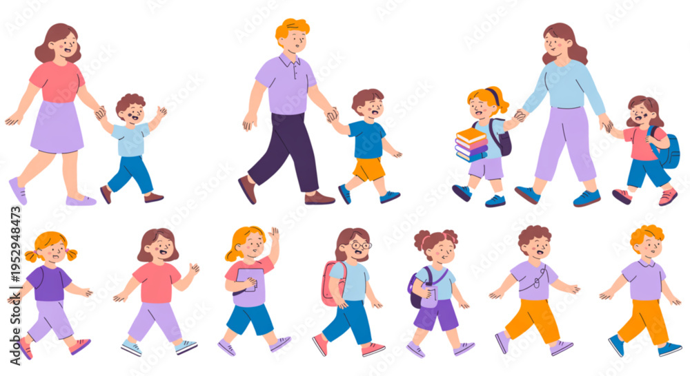 Fototapeta premium A colorful vector illustration of adults and children walking together in a flat design style on transparent background