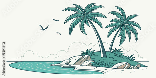 Teal Tropical Island with Palm Trees and Water beach