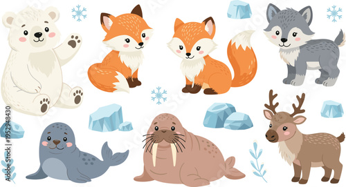 Cute Arctic Animals Vector Set with Polar Bear, Fox, Wolf, Walrus, Seal, Reindeer, Snowflakes, and Ice Elements Winter Wildlife Cartoon Collection