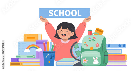 A colorful illustration of a happy schoolgirl with books and a backpack on transparent background