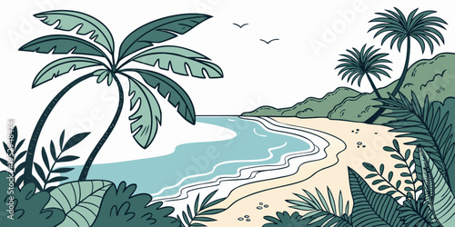 Tropical beach scene with palm trees and ocean waves sand