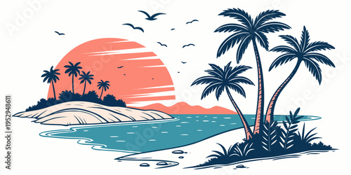 Tropical island with palm trees and sunset beach water