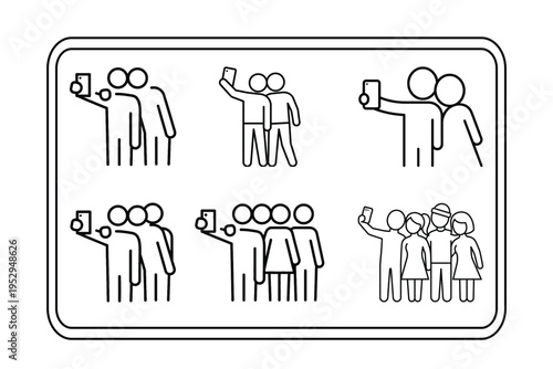Collection of vector line art icons depicting groups of people taking selfies with smartphones