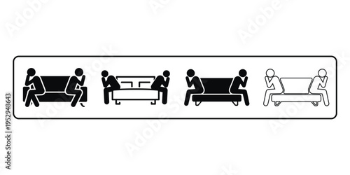 Multiple stick figure icons showing people sitting on sofas in thoughtful or worried poses