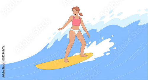 Photography A cartoon illustration of a woman surfing on a wave on transparent background