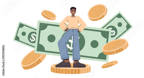 A cartoon man standing on a coin with money bills and coins floating around him on transparent background